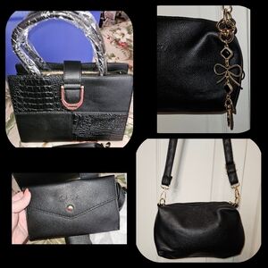 #479-Black  Patchwork Vegan Leather Handbag & Crossbody Bag W Gold Bagcharm